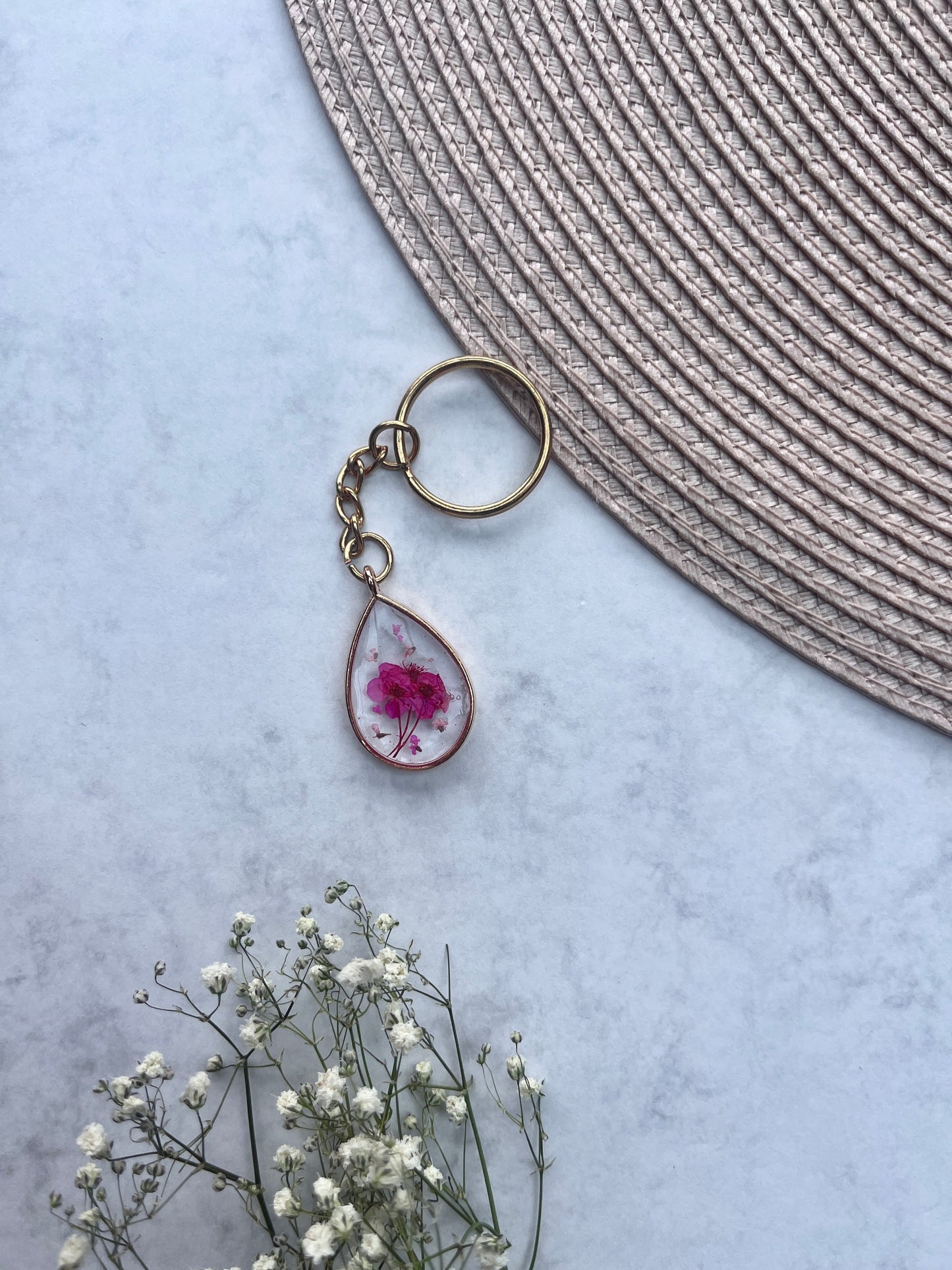 Pink Teardrop Keyring | Gold